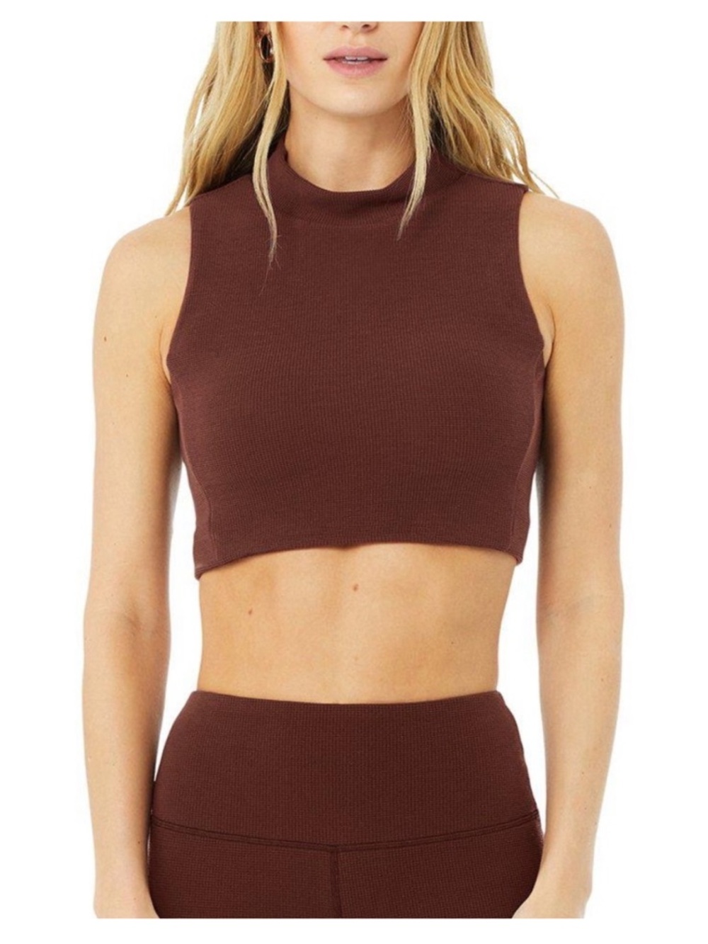 ALO Yoga Waffle Mock Neck Crop Top in Deep Mauve-Brown